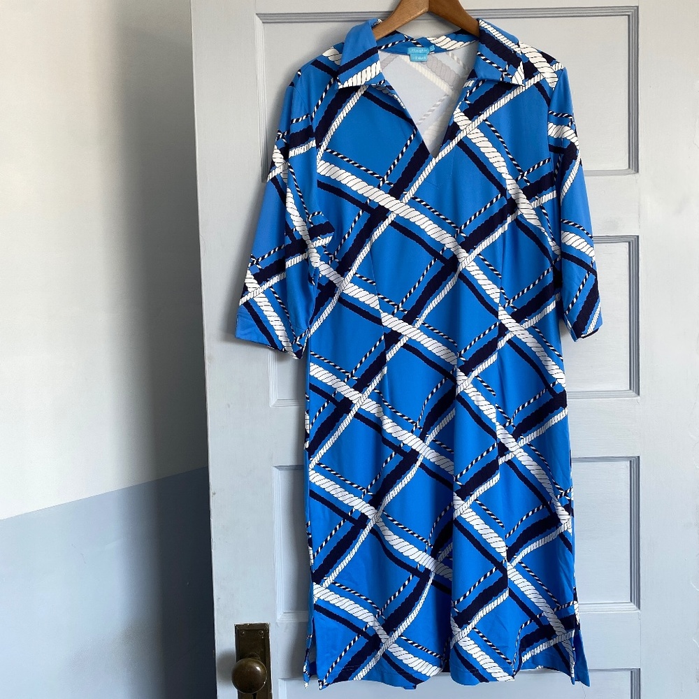 J. McLaughlin Blue White and Navy Geometric Shirt Dress